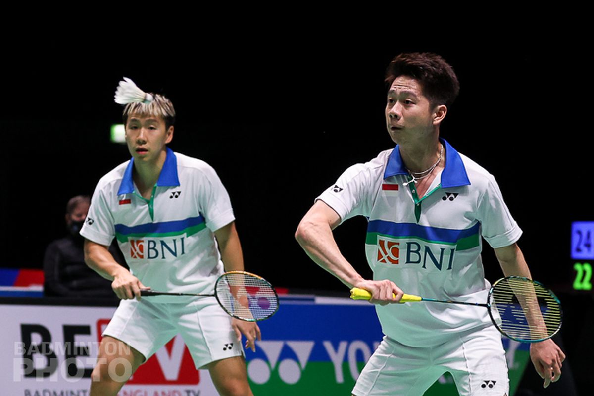 Marcus Fernaldi Gideon/Kevin Sanjaya Sukamuljo ketika menghadapi Matthew Clare/Ethan Van Leeuwen pada laga babak pertama All England 2021 di Utilita Arena Birmingham, Rabu (17/3/2021) malam WIB.