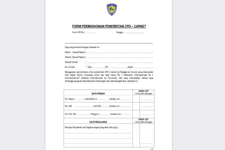 Form permohonan penerbitan CPD Carnet di IMI.