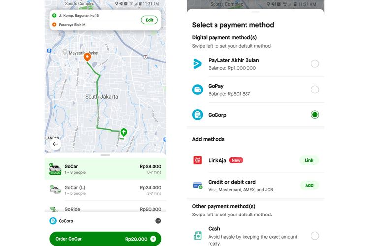 Tampilan layar penggunaan layanan GoCorp dari Gojek.