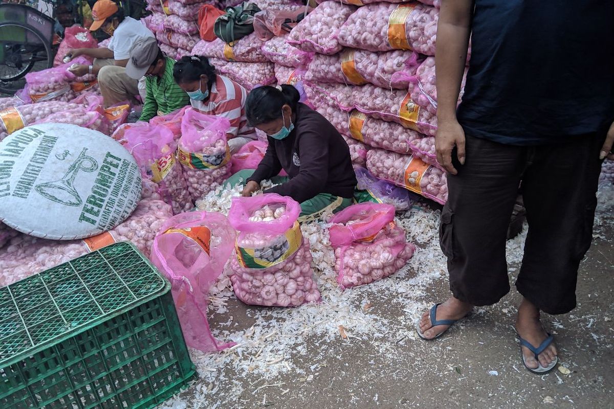 Pengupas bawang putih di lapak grosir bawang putih di Pasar Induk Tanah Tinggi Kota Tangerang, Kamis (13/2/2020)