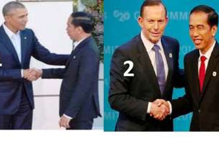 Jokowi bersama Presiden AS, Barack Obama (1) dan bersama Perdana Menteri Australia Tony Abbott (2).