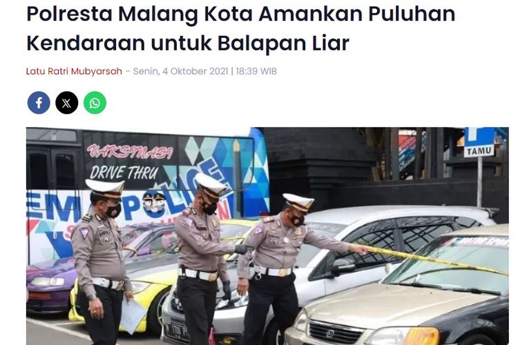 Tangkapan layar artikel Jawa Pos, Polresta Malang Kota sita puluhan kendaraan untuk balapan liar