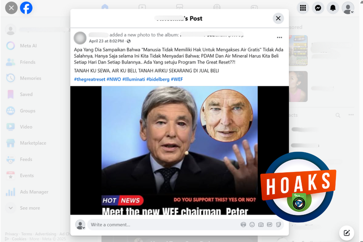 Tangkapan layar konten hoaks di sebuah akun Facebook, 23 April 2025, mengenai pernyataan ketua WEF Peter Brabeck-Letmathe bahwa air bukanlah hak setiap manusia.