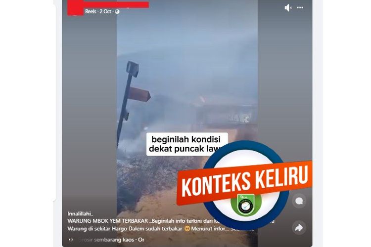 Tangkapan layar Facebook narasi yang menyebut warung Mbok Yem di Gunung Lawu terbakar