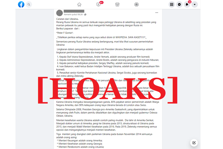 Tangkapan layar unggahan hoaks di sebuah akun Facebook, mengenai pejabat Ukraina yang diklaim memiliki latar belakang industri hiburan dan bukan berasal dari Ukraina.