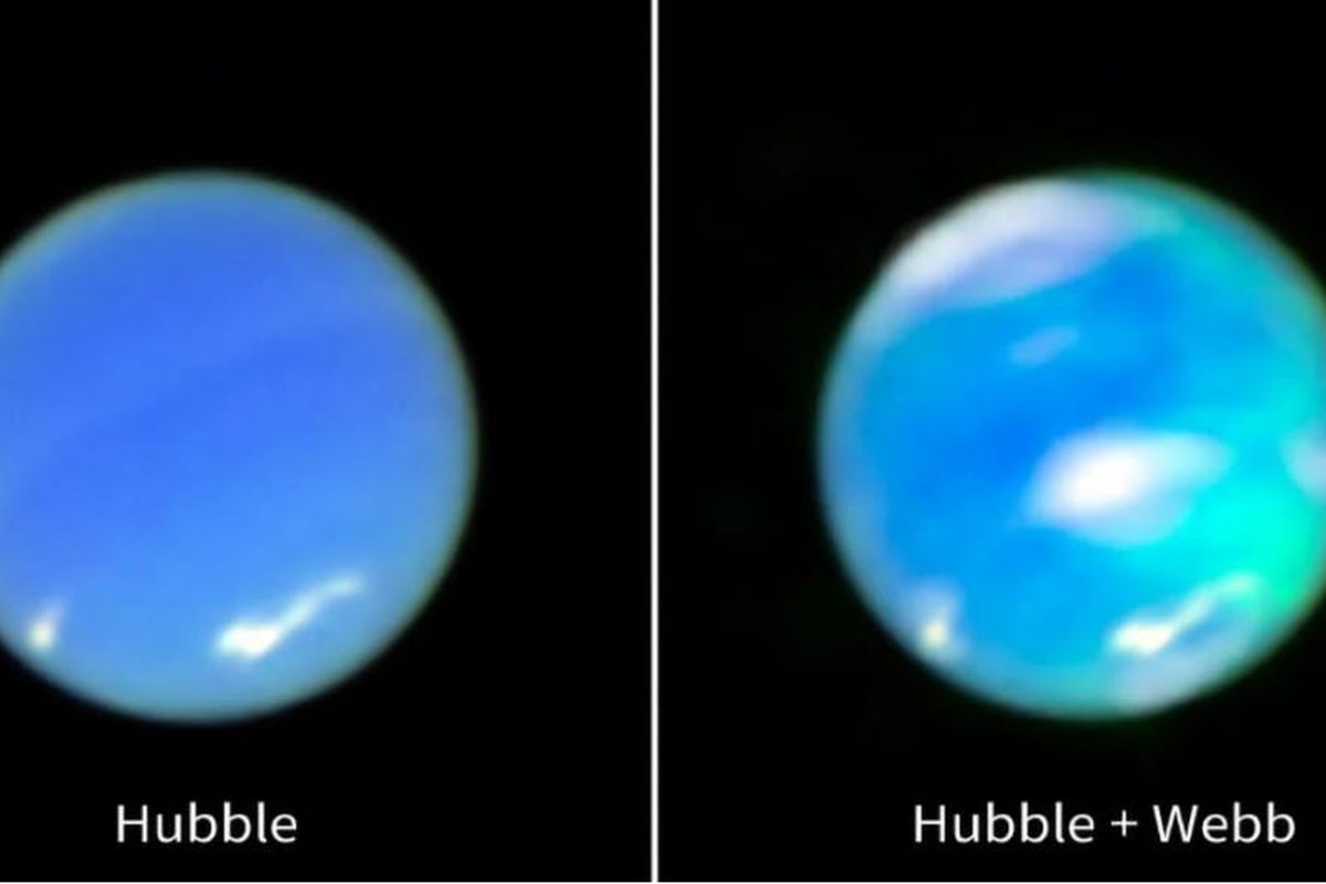 Di sebelah kiri, gambar Neptunus dengan warna yang disempurnakan dari Teleskop Luar Angkasa Hubble milik NASA. Di sebelah kanan, gambar tersebut digabungkan dengan data dari Teleskop Luar Angkasa James Webb milik NASA. Bercak-bercak cyan, yang mewakili aktivitas aurora, dan awan putih, merupakan data dari Spektrograf Inframerah Dekat (NIRSpec) milik Webb, yang dihamparkan di atas gambar penuh planet tersebut dari Kamera Medan Lebar 3 milik Hubble.
Aurora terjadi ketika partikel-partikel berenergi, yang sering kali berasal dari Matahari, terperangkap dalam medan magnet planet dan akhirnya menghantam atmosfer bagian atas. Energi yang dilepaskan selama tabrakan ini menciptakan cahaya khas.