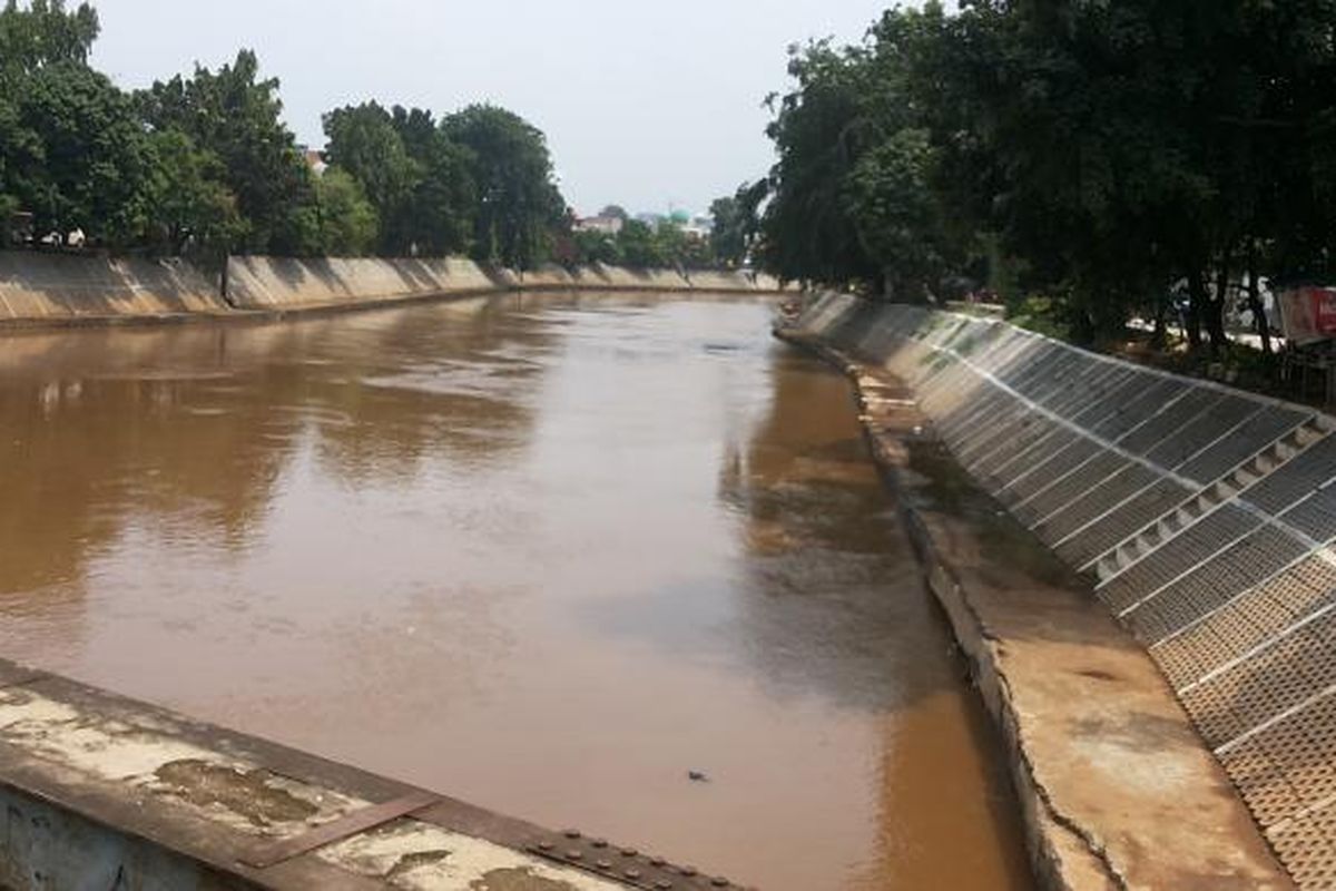 Kondisi aliran Sungai Ciliwung yang mengalir di kawasan Bidara Cina, Jatinegara, Jakarta Timur, Rabu (22/2/2017). Tampak aliran sungai sudah dinormalisasi. Terlihat dengan adanya dinding turap beton di sisi kiri dan kanan sungai.