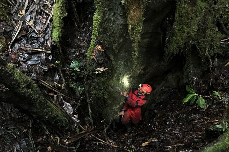Penelusur goa Mapala UI berada di mulut gua di kawasan karst Testega, Pegunungan Arfak, Papua Barat.