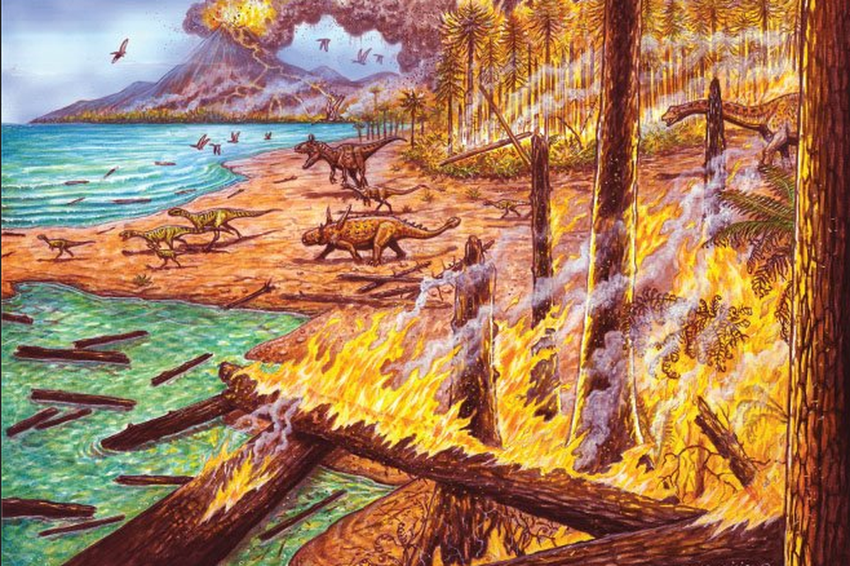 Ilustrasi kebakaran hutan di Antartika selama periode Cretaceous 

