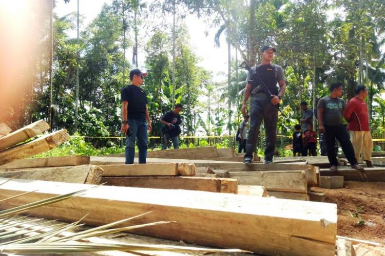 Polisi menangkap 30 ton kayu di di Desa Nga, Kecamatan Meurah Mulia, Kabupaten Aceh Utara, Minggu (17/2/2019)