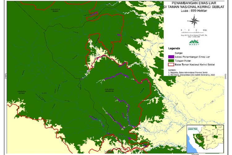 Peta lokasi tambang emas ilegal di dalam kawasan TNKS di Kabupaten Kerinci, Merangin dan Bungo