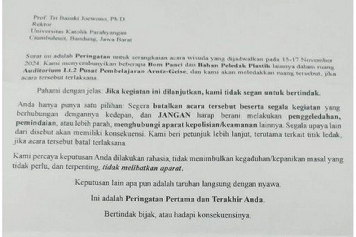 Lini masa media sosial X (sebelumnya Twitter) diramaikan oleh unggahan mengenai ancaman bom di Universitas Katolik Parahyangan (Unpar).