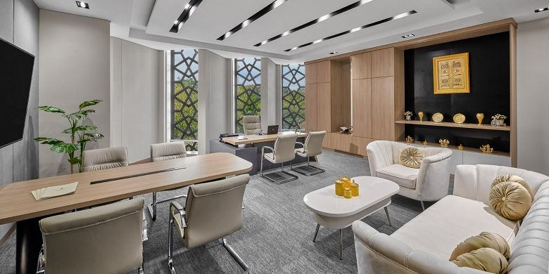 Tampilan mock up ruang kantor yang luas, eksklusif, serta mewah dengan floor-to-ceiling window. 