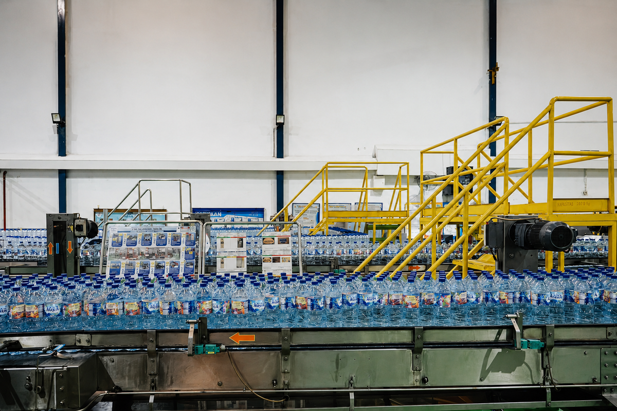 Di fasilitas produksi, air baku diproses hingga siap memasuki lini produksi dan dikemas dalam berbagai format, termasuk produk galon. 