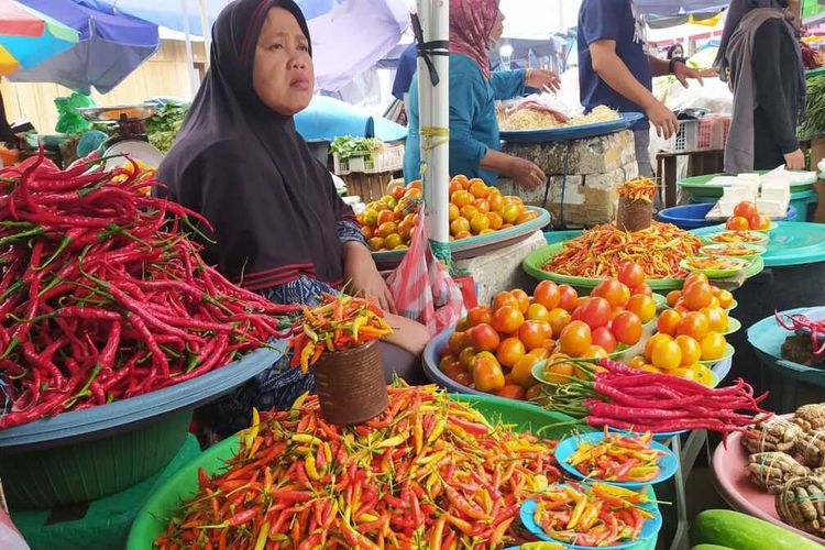 Salah satu pedagang di Pasar Mardika Ambon tengah melayani warga yang menanyakan cabai rawit merah, Sabtu (10/4/2021)