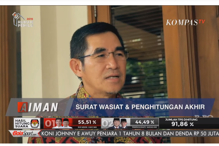 Mantan Ketua MK, Hamdan Zoelva, saat diwawancara pada acara Aiman yang ditayangkan Kompas TV, Senin (20/5/2019).