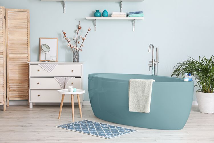Ilustrasi kamar mandi dengan nuansa warna biru 