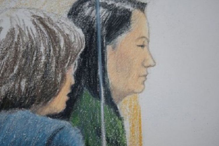 Sketsa menunjukkan Chief Financial Officer Huawei Meng Wanzhou saat berada di pengadilan Kanada Jumat (7/12/2018). Meng ditangkap pada 1 Desember atas permintaan ekstradisi Amerika Serikat.