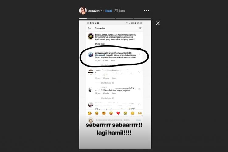 Isi posting-an Instagram Story Aura Kasih yang merespons hujatan seorang warganet.