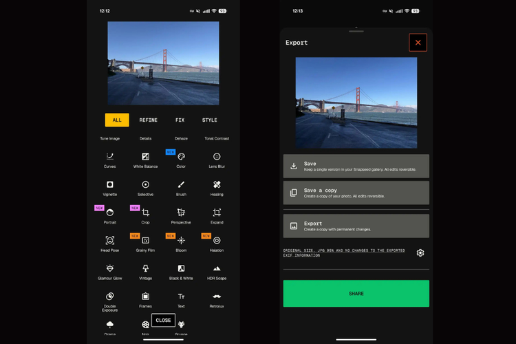 Menu editing baru di Snapseed 4.0 kini dibagi ke beberapa kategori seperti Refine, Fix, dan Style.