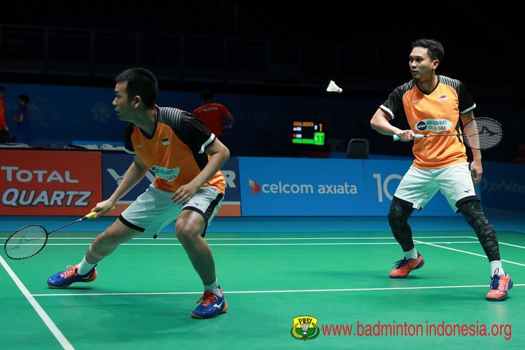 Mohammad Ahsan/Hendra Setiawan berlaga dalam Malaysia Open 2019 di Axiata Arena, 4 April 2019. 