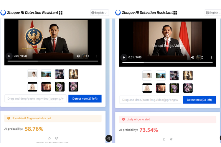 Tangkapan layar Zhuque AI Detection Assistant menunjukkan, video pembentukan Badan Pengawas Judi Slot Indonesia memiliki probabilitas 58,76 persen dan 73,54 persen dibuat dengan AI.
