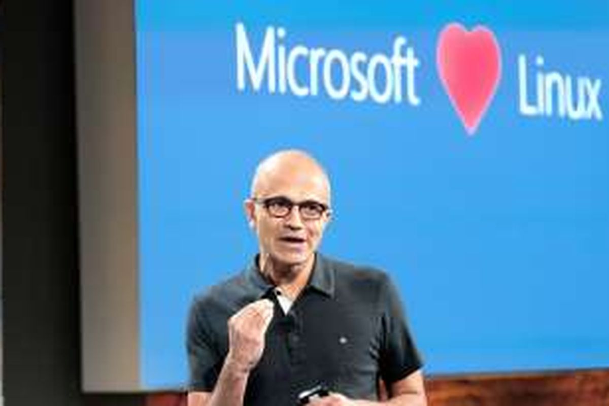 CEO Satya Nadella saat pengumuman SQL Server hadir di Linux, Maret 2016 lalu.