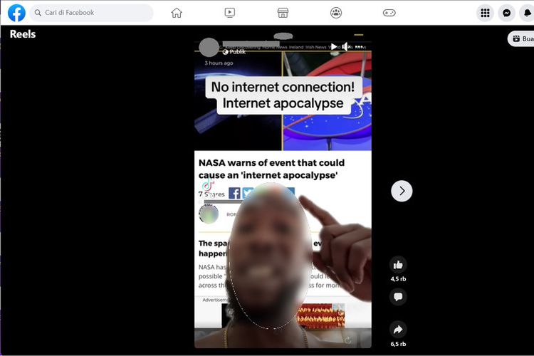 Tangkapan layar unggahan dengan narasi salah di sebuah akun Facebook soal peringatan NASA soal kiamat internet.