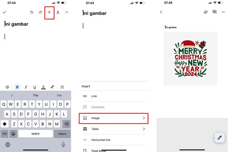 Ilustrasi cara menambahkan gambar di Google Docs melalui HP.