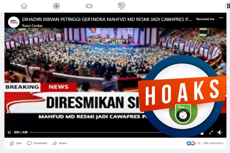 Tangkapan layar Facebook narasi yang menyebut bahwa Mahfud MD resmi menjadi cawapres Prabowo Subianto di Pilpres 2024