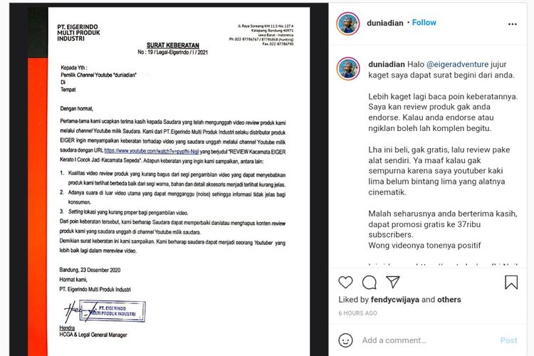 Tangkap layar surat keberatan Eiger yang diunggah oleh YouTuber duniadian. Dalam surat disebutkan bahwa video review produk yang diunggah Dian lewat YouTube dianggap kurang layak karena beberapa hal.