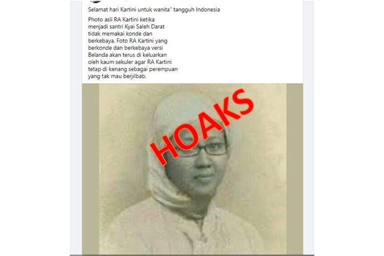Tangkapan layar unggahan hoaks yang berisi foto RA Kartini berjilbab dan berkacamata