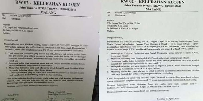 Surat imbauan yang diduga dikeluarkan RW 02, Kelurahan Klojen, Kota Malang, soal Covid-19 sebelum direvisi (kiri) dan surat imbauan yang sudah direvisi. Adanya surat imbauan itu sempat memicu polemik.