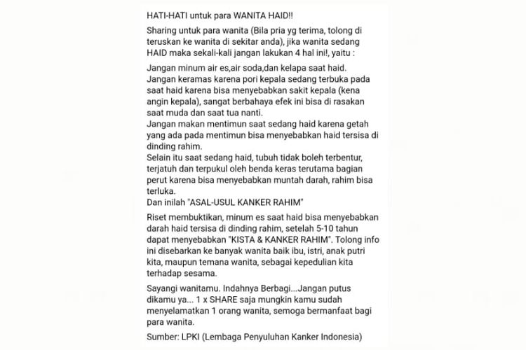 Status Facebook soal empat larangan yang harus dilakukan perempuan saat haid agar tidak terkena kanker rahim.