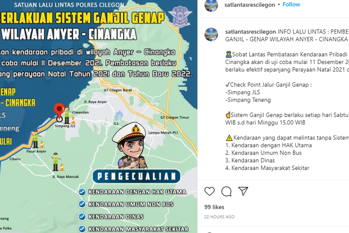 Pemberlakuan ganjil genap di Kawasan wisata Anyer mulai Sabtu (11/12/2021)