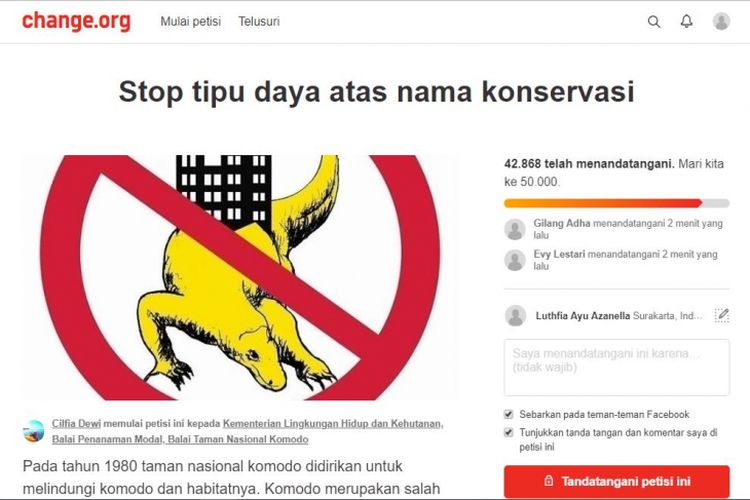 Petisi online di Change.org untuk menghentikan pembangunan investor di Pul;au Rinca dan Pulau Padar sebagai habitat Komodo.