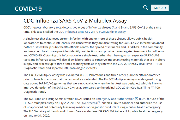 Tangkapan layar laporan CDC pada 7 Agustus 2021, tentang Multiplex Assay yang bisa mendeteksi berbagai virus dalam satu kali uji, termasuk corona dan influenza.