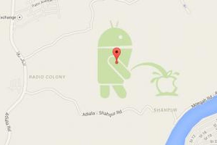 Gambar Android raksasa sedang mengencingi Apple sempat muncul di Google Maps
