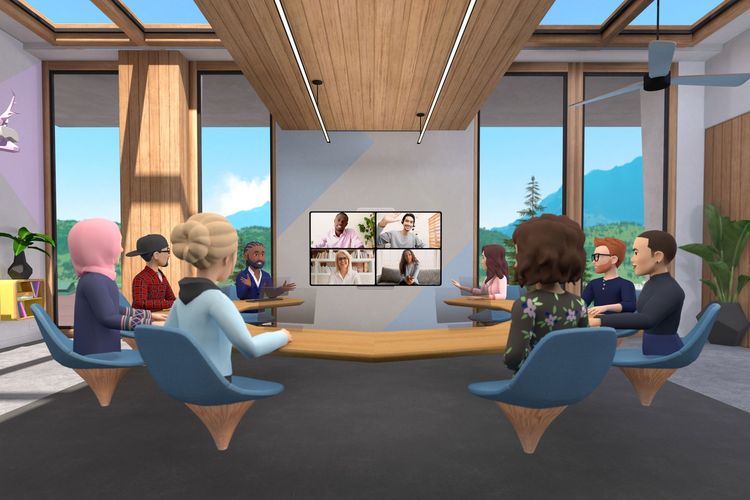Ilustrasi Facebook Horizon Workrooms yang menyediakan ruang pertemuan virtual yang dapat digunakan sebagai sarana tatap muka secara online. Aplikasi ini dioperasikan melalui headset VR Oculus Quest 2 buatan Facebook.
