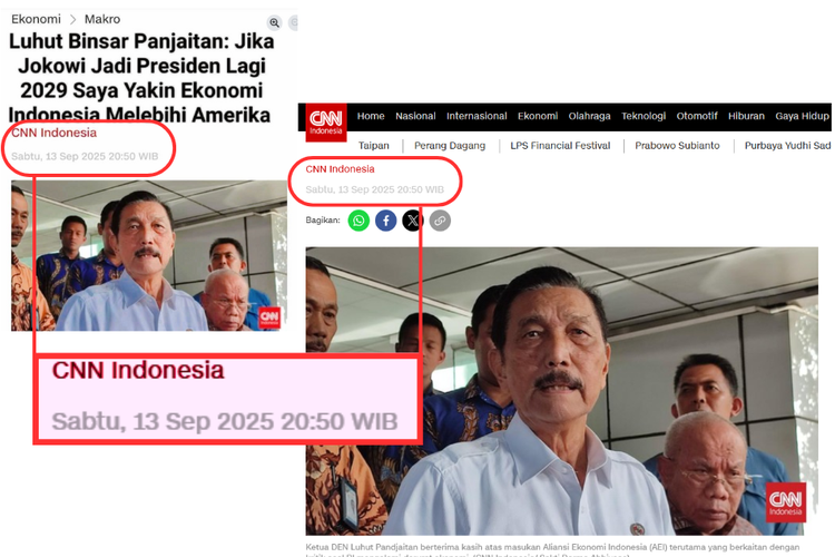 Perbandingan tangkapan layar konten di Facebook dengan berita asli CNN Indonesia yang ditayangkan pada Sabtu (13/9/2025) pukul 20.50 WIB.