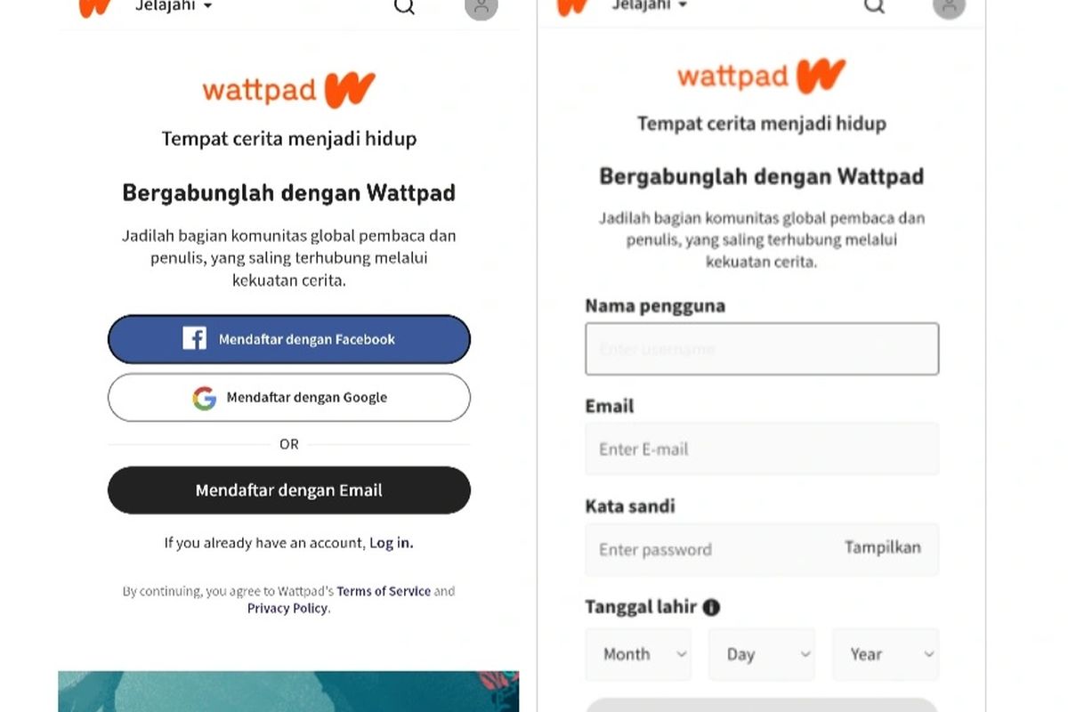 Tampilan mendaftar akun di situs Wattpad 