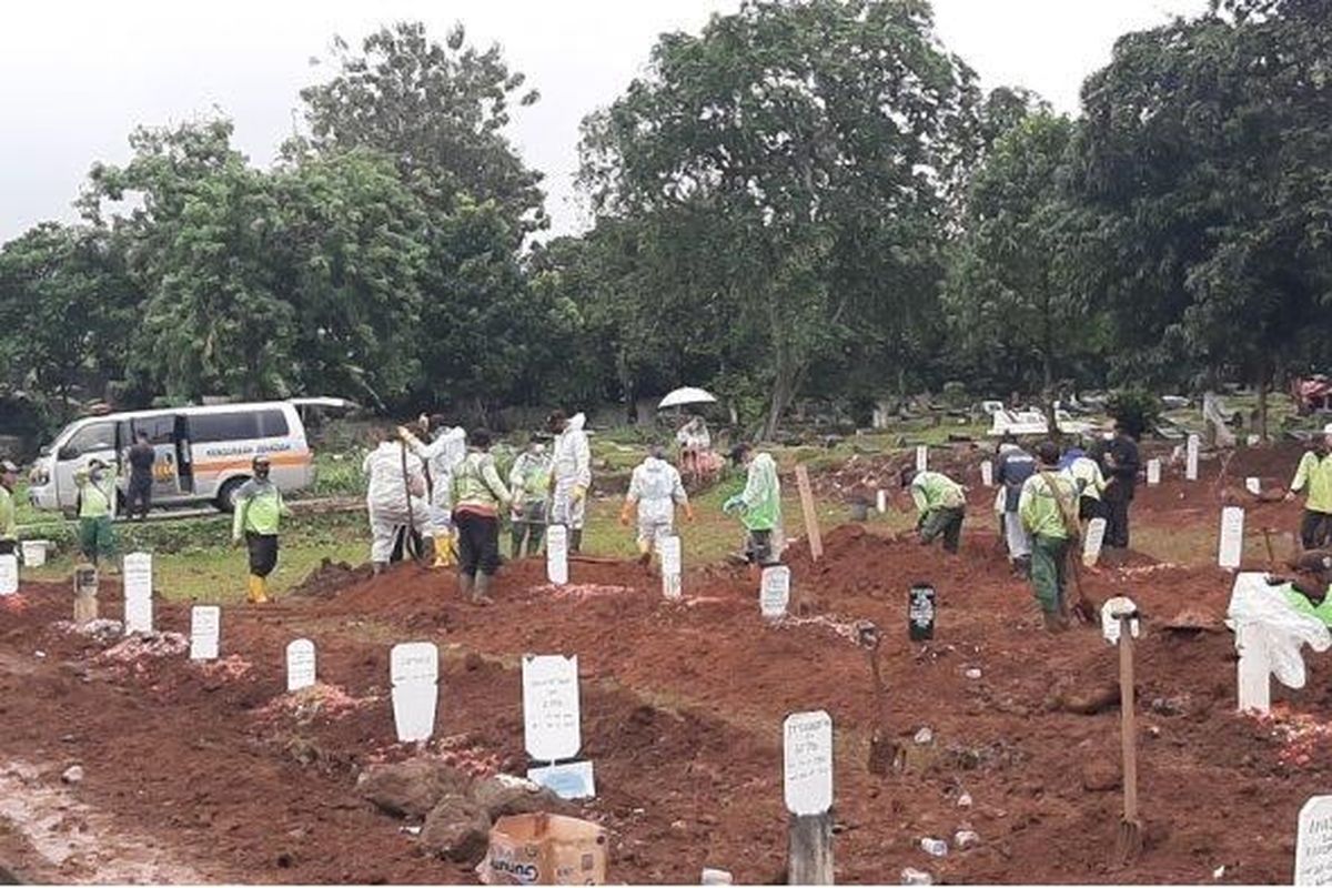 Suasana pemakaman jenazah dengan protap Covid-19 di TPU Bambu Apus, Cipayung, Jakarta Timur, Minggu (24/1/2021).