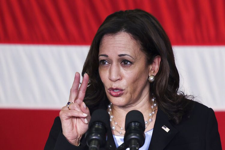 US Vice President Kamala Harris speaks to troops as she visits the USS Tulsa in Singapore, Monday, Aug. 23, 2021. (Evelyn Hockstein/Pool Photo via AP)