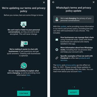 Banner notifikasi perubahan kebijakan WhatsApp yang muncul ketika aplikasi tersebut dibuka pada akhir April 2021. Ukurannya menutupi keseluruhan layar dan berjumlah dua halaman