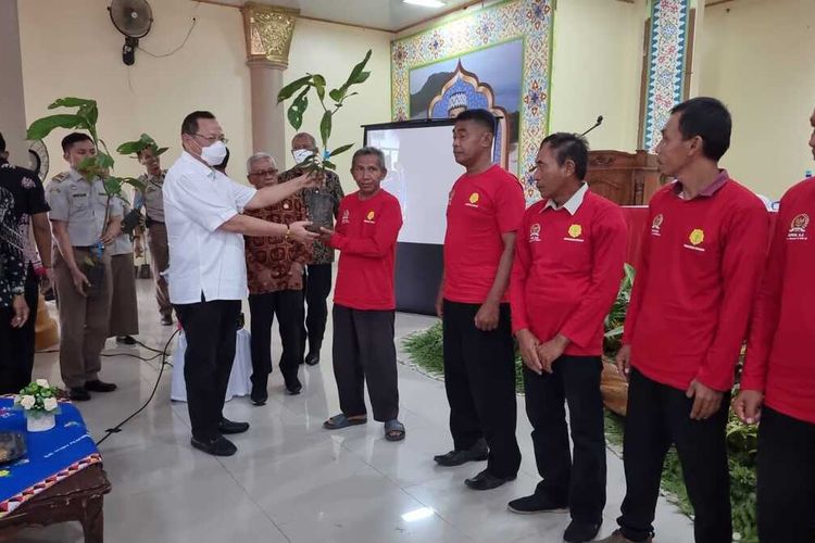 Pemberian bantuan bibit kakao kepada petani di Kabupaten Pesawaran, Lampung oleh Ketua Komisi IV DPR RI Sudin, Jumat (25/11/2022). Bantuan ini diberikan untuk membantu meningkatkan produksi dan ekspor kakao di Lampung.