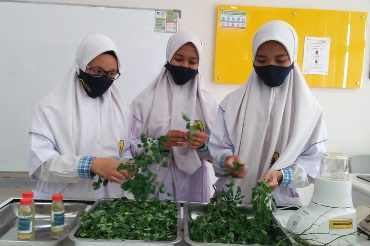 Amalia Dwi Berlianti, Arina Felisia dan Aulia Nabila Syaban, tiga siswi SMA Muhammadiyah 10 GKB Gresik yang baru saja mendapat silver medal berkat inovasi dari bahan daun kelor.