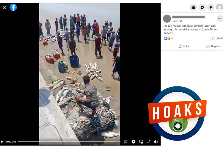 Tangkapan layar unggahan dengan narasi hoaks di sebuah akun Facebook, Rabu (13/9/2023), yang menyebut ikan di Tuban tercemar limbah dari Jepang.