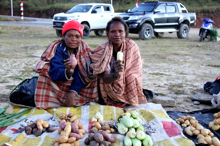 Masyarakat Kabupaten Pegunungan Arfak, Papua Barat berjualan hasil bumi di Pasar Distrik Anggi, Jumat (17/8). Beberapa hasil bumi yang banyak dihasilkan sepert bawang merah, bawang putih, kol, daun bawang, seledri, dan lain-lain.