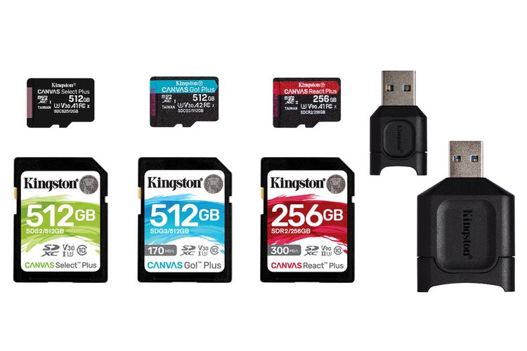 Jajaran kartu memori SD card dan microSD Canvas Plus dan card reader MobileLite Plus dari Kingston
