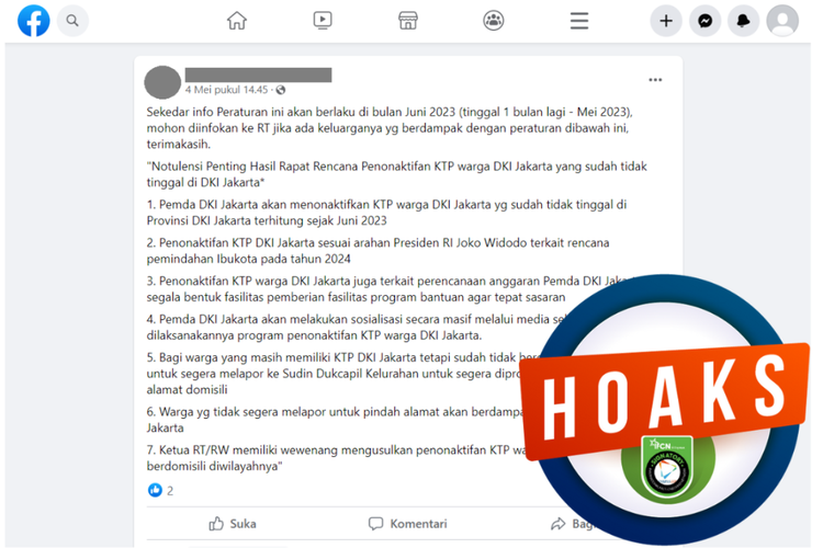 Tangkapan layar unggahan dengan narasi hoaks di sebuah akun Facebook, 4 Mei 2023, berisi pesan berantai soal hasil rapat rencana penonaktifan KTP DKI Jakarta pada Juni 2023.